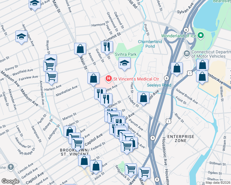 map of restaurants, bars, coffee shops, grocery stores, and more near 135 Gurdon Street in Bridgeport