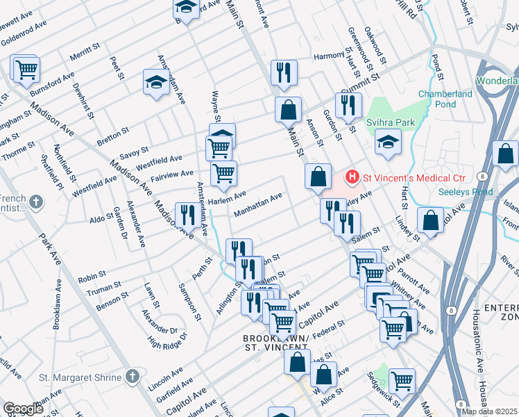 map of restaurants, bars, coffee shops, grocery stores, and more near 126 Manhattan Avenue in Bridgeport