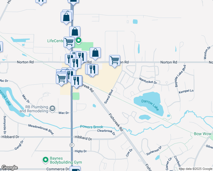 map of restaurants, bars, coffee shops, grocery stores, and more near 1664 Norton Road in Stow