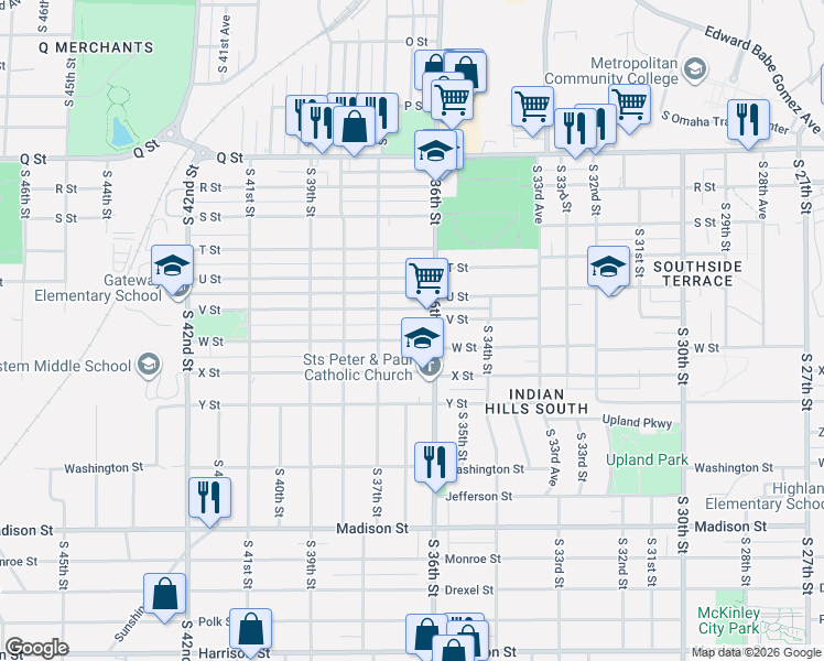 map of restaurants, bars, coffee shops, grocery stores, and more near 3621 V Street in Omaha