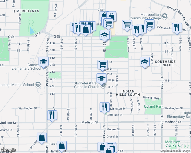 map of restaurants, bars, coffee shops, grocery stores, and more near 3621 V Street in Omaha