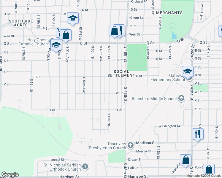 map of restaurants, bars, coffee shops, grocery stores, and more near 5636 South 48th Avenue in Omaha
