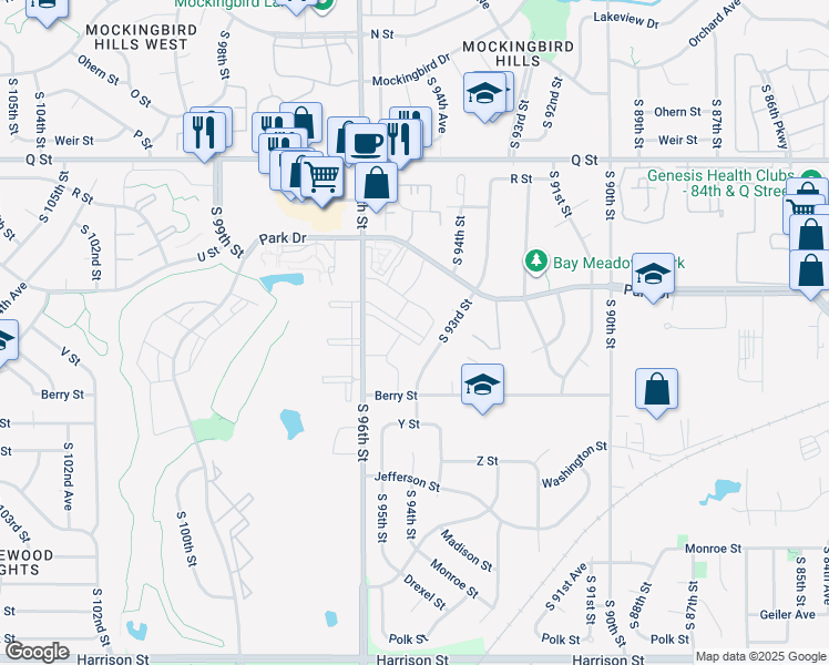 map of restaurants, bars, coffee shops, grocery stores, and more near 9515 V Plaza in Omaha