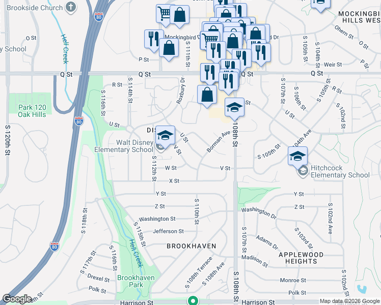 map of restaurants, bars, coffee shops, grocery stores, and more near 11029 U Street in Omaha