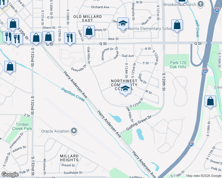 map of restaurants, bars, coffee shops, grocery stores, and more near 12515 V Street in Omaha