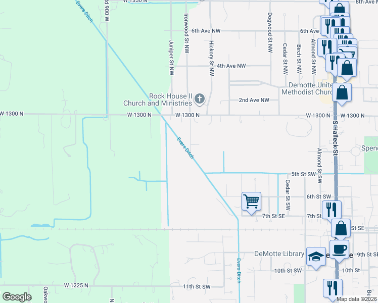 map of restaurants, bars, coffee shops, grocery stores, and more near 301-399 Ironwood Street Southwest in De Motte