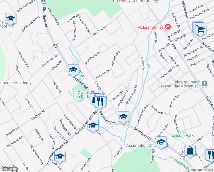 map of restaurants, bars, coffee shops, grocery stores, and more near 21 Falmouth Road in Fairfield