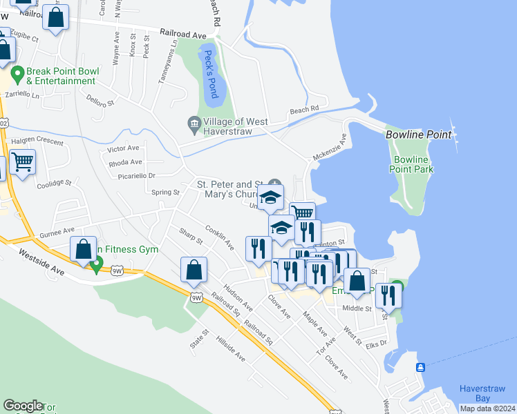 map of restaurants, bars, coffee shops, grocery stores, and more near Union Street in Haverstraw