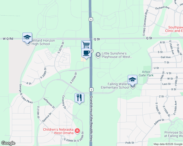 map of restaurants, bars, coffee shops, grocery stores, and more near 5913 South 204th Street in Omaha