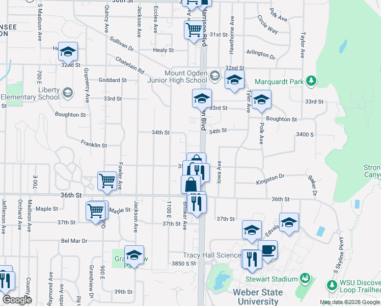 map of restaurants, bars, coffee shops, grocery stores, and more near 3460 Brinker Avenue in Ogden