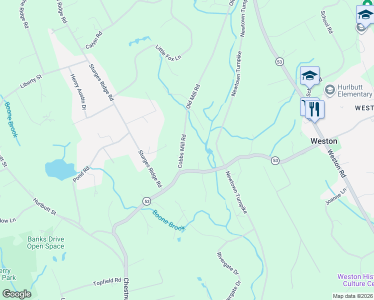 map of restaurants, bars, coffee shops, grocery stores, and more near 19 Cobbs Mill Road in Wilton