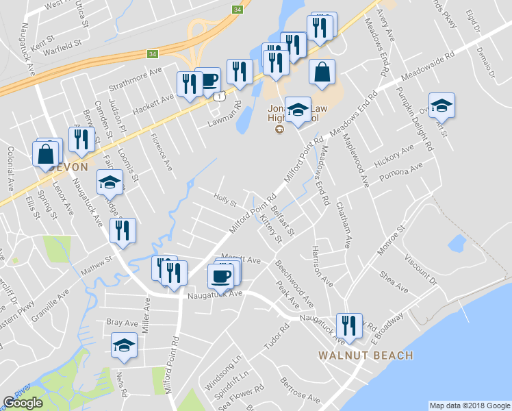 map of restaurants, bars, coffee shops, grocery stores, and more near 804 Milford Point Road in Milford