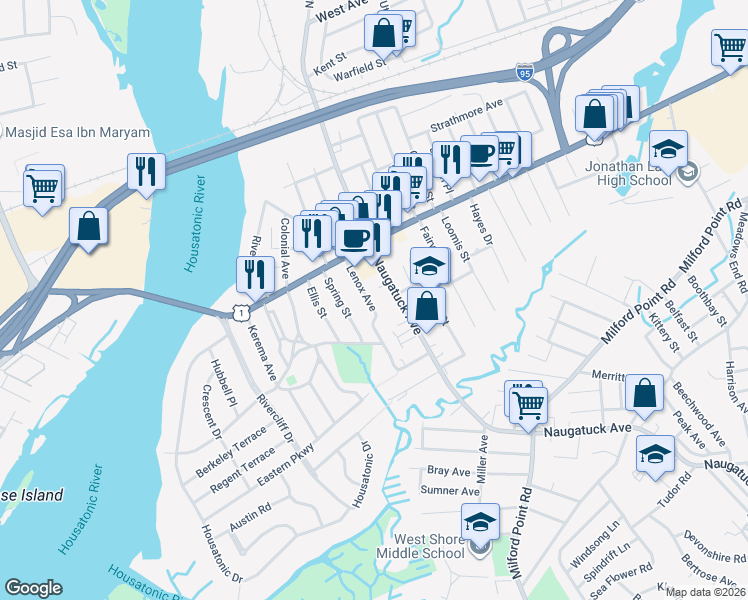 map of restaurants, bars, coffee shops, grocery stores, and more near 37 Lenox Avenue in Milford
