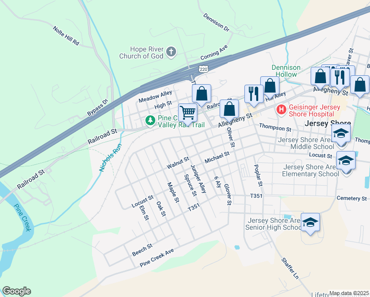 map of restaurants, bars, coffee shops, grocery stores, and more near 1463 Allegheny Street in Jersey Shore