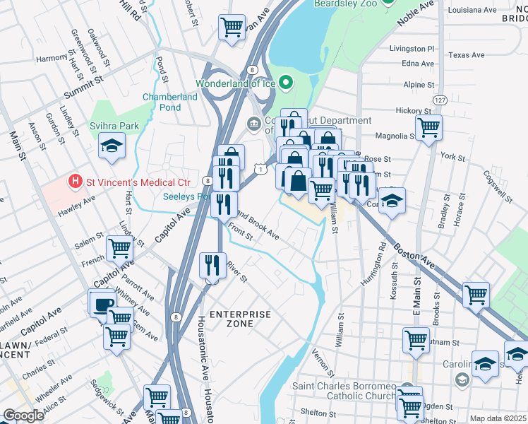 map of restaurants, bars, coffee shops, grocery stores, and more near 75 Chase Street in Bridgeport
