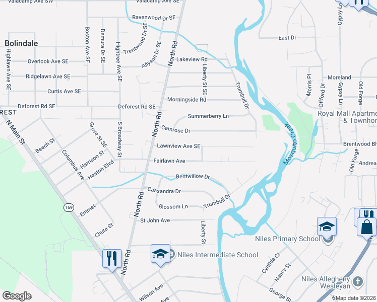 map of restaurants, bars, coffee shops, grocery stores, and more near 74 Lawnview Avenue Southeast in Niles