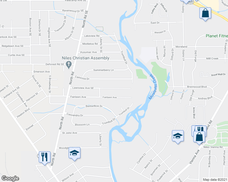 map of restaurants, bars, coffee shops, grocery stores, and more near 142 Lawnview Avenue Southeast in Niles