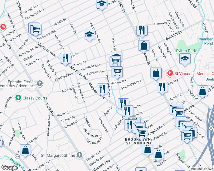 map of restaurants, bars, coffee shops, grocery stores, and more near 293 Harlem Avenue in Bridgeport