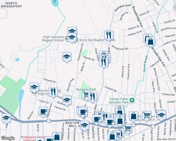 map of restaurants, bars, coffee shops, grocery stores, and more near 42 Court D in Bridgeport