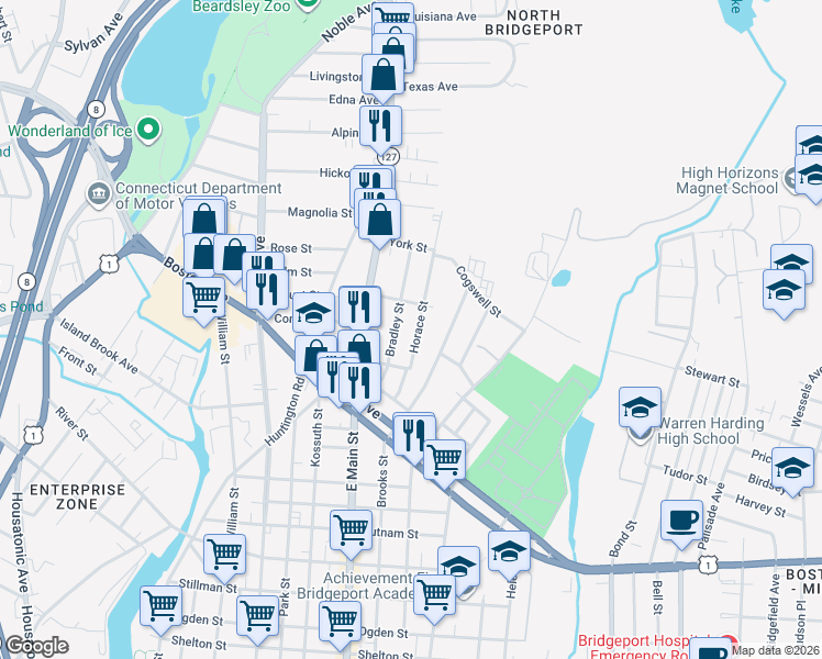 map of restaurants, bars, coffee shops, grocery stores, and more near 172 Horace Street in Bridgeport