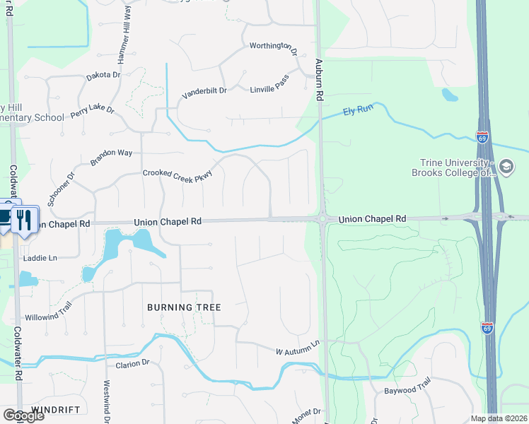 map of restaurants, bars, coffee shops, grocery stores, and more near 12707 Crystal Creek Parkway in Fort Wayne