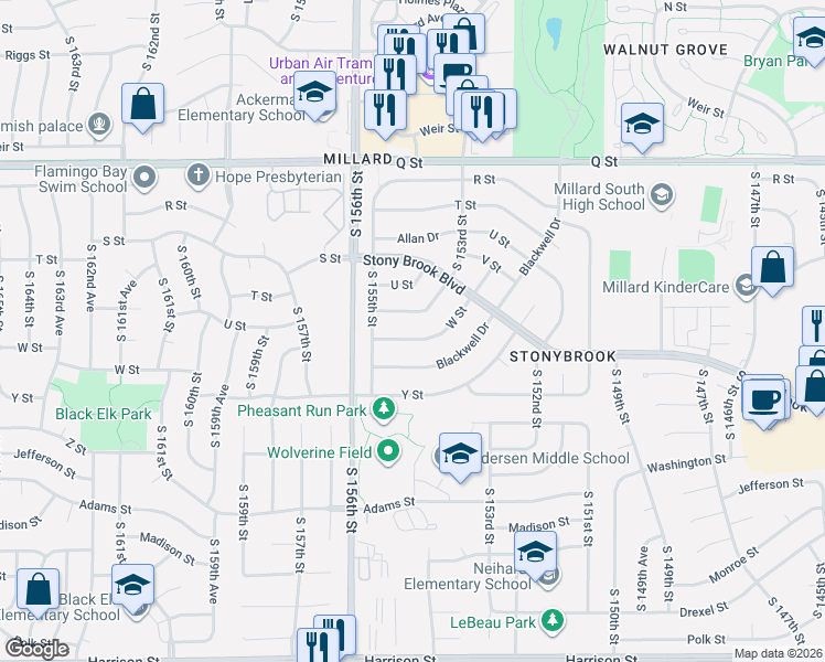 map of restaurants, bars, coffee shops, grocery stores, and more near 15330 W Street in Omaha