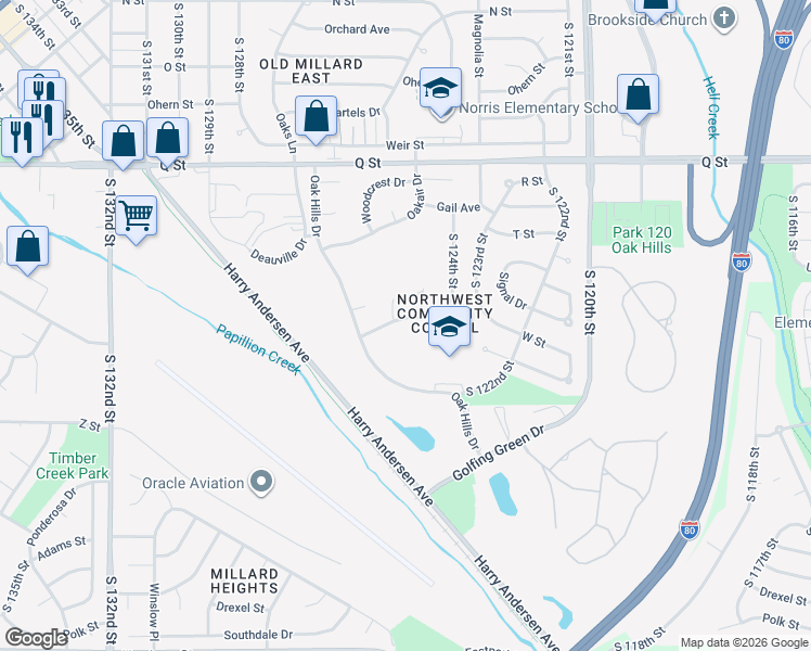 map of restaurants, bars, coffee shops, grocery stores, and more near 12515 V Street in Omaha