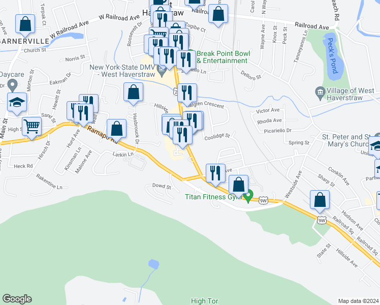 map of restaurants, bars, coffee shops, grocery stores, and more near 89 Route 202 in Haverstraw