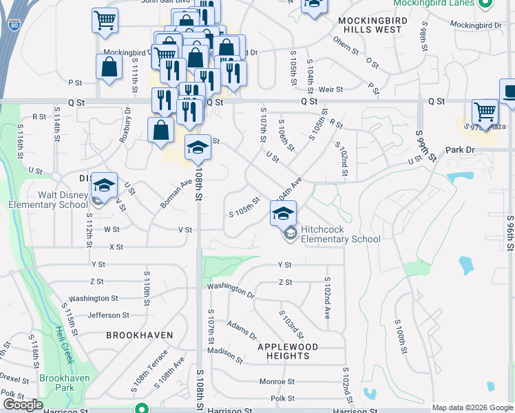 map of restaurants, bars, coffee shops, grocery stores, and more near 5815 South 105th Street in Omaha