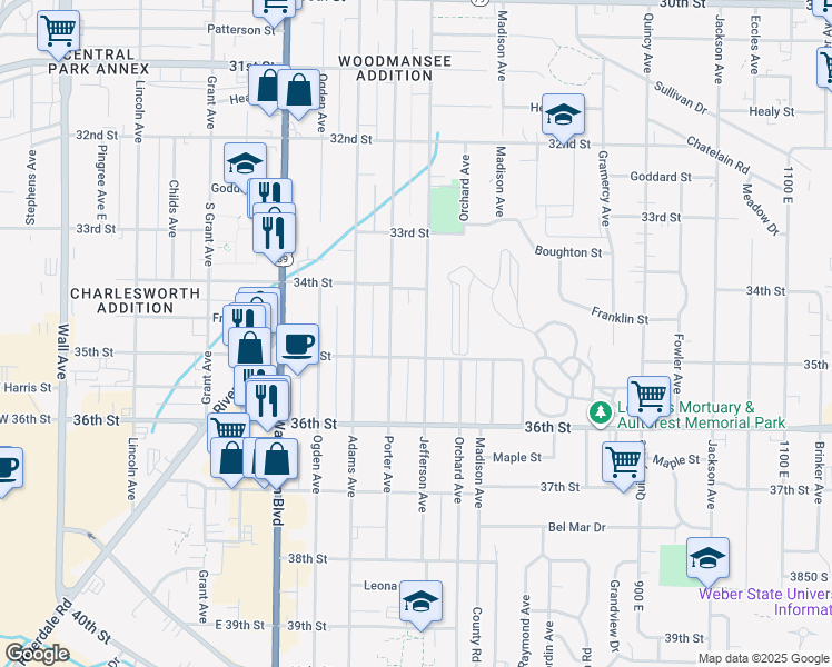 map of restaurants, bars, coffee shops, grocery stores, and more near 3457 Jefferson Avenue in Ogden