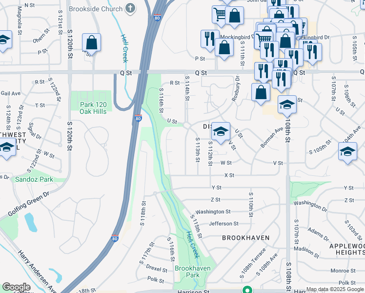 map of restaurants, bars, coffee shops, grocery stores, and more near 5637 South 114th Street in Omaha