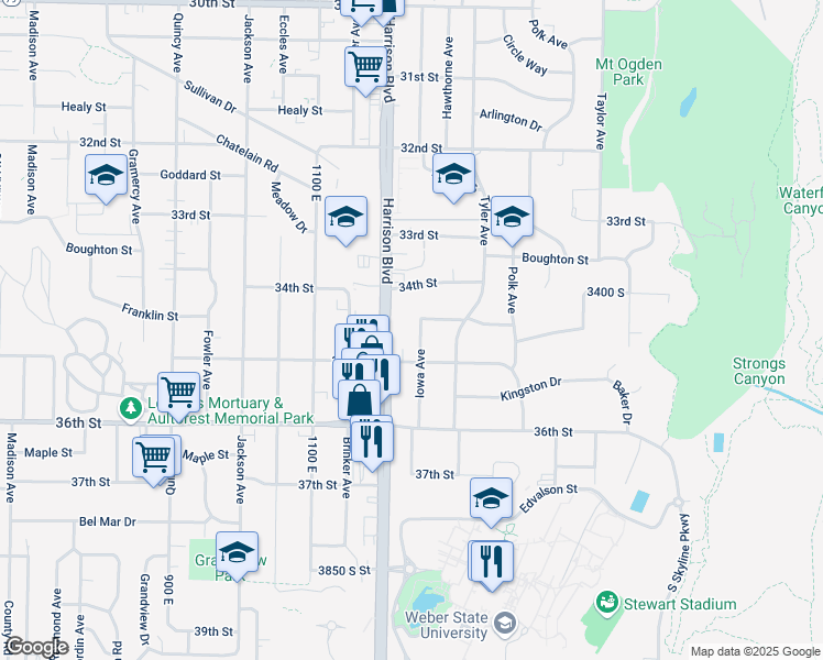 map of restaurants, bars, coffee shops, grocery stores, and more near 3450 Harrison Boulevard in Ogden