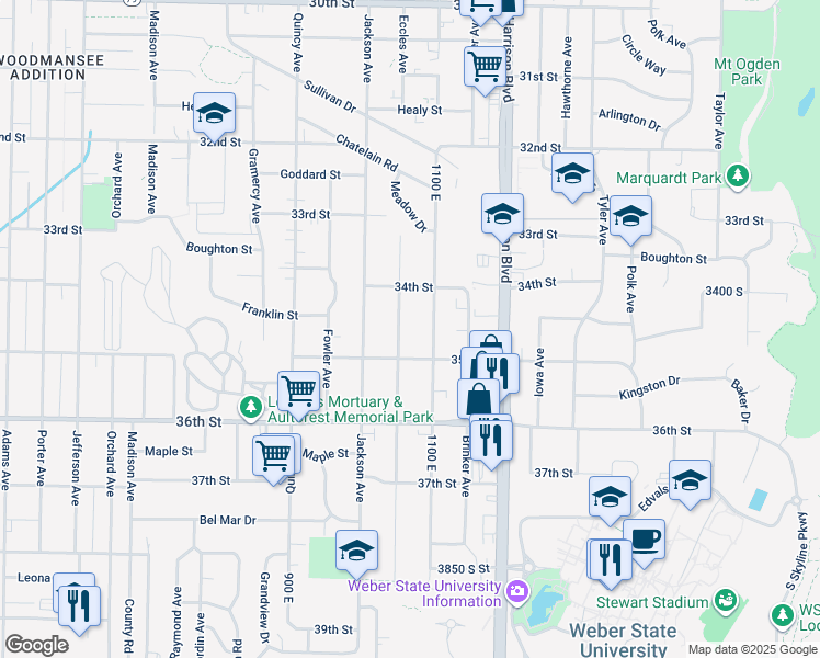 map of restaurants, bars, coffee shops, grocery stores, and more near 3452 Eccles Avenue in Ogden