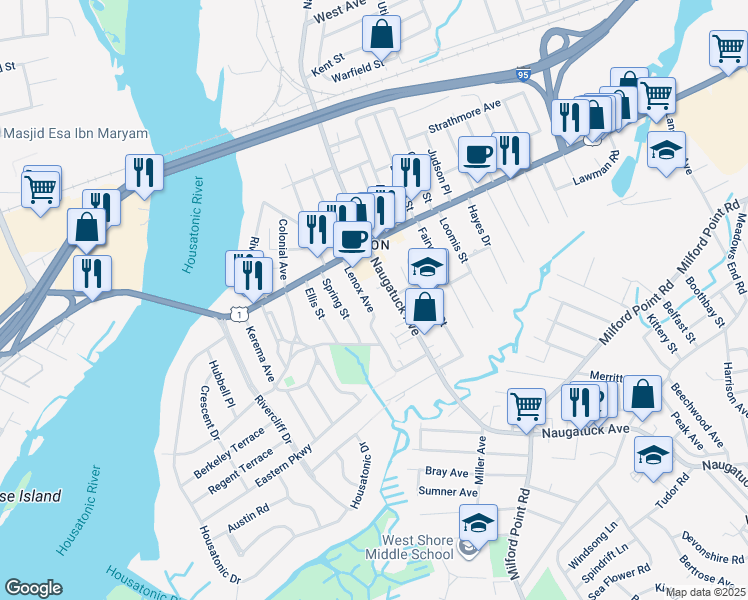 map of restaurants, bars, coffee shops, grocery stores, and more near 37 Lenox Avenue in Milford