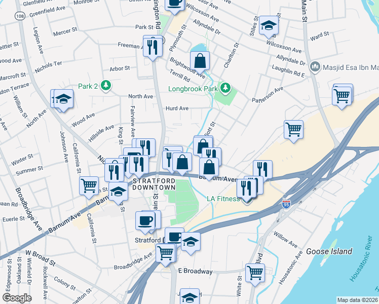 map of restaurants, bars, coffee shops, grocery stores, and more near 925 Longbrook Avenue in Stratford