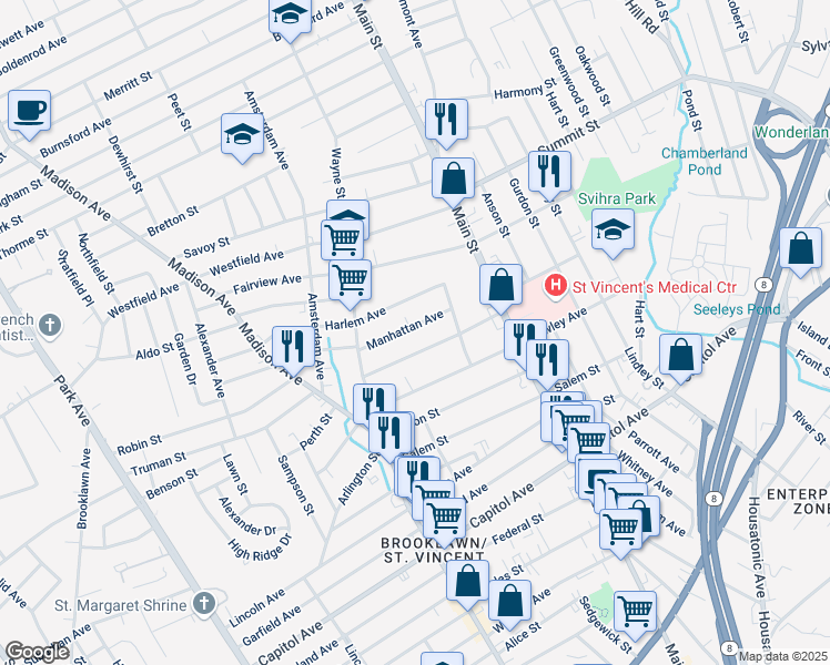 map of restaurants, bars, coffee shops, grocery stores, and more near 132 Bronx Avenue in Bridgeport