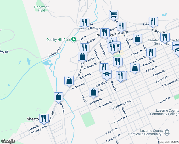 map of restaurants, bars, coffee shops, grocery stores, and more near 170 West Green Street in Nanticoke