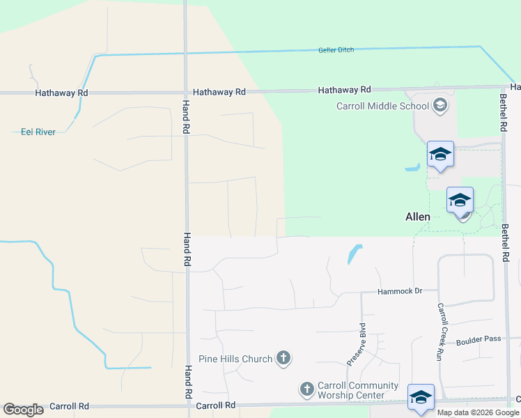 map of restaurants, bars, coffee shops, grocery stores, and more near 12732 Hand Road in Fort Wayne