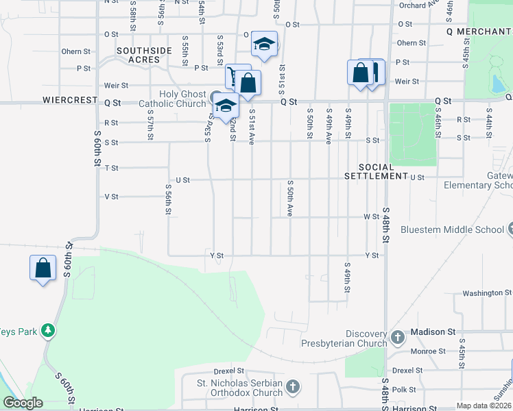 map of restaurants, bars, coffee shops, grocery stores, and more near 5638 South 51st Street in Omaha
