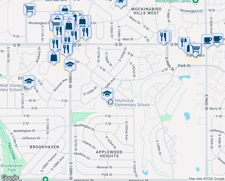 map of restaurants, bars, coffee shops, grocery stores, and more near 5706 South 104th Street in Omaha