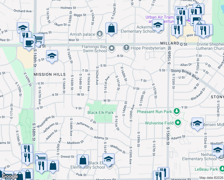 map of restaurants, bars, coffee shops, grocery stores, and more near 16136 V Circle in Omaha