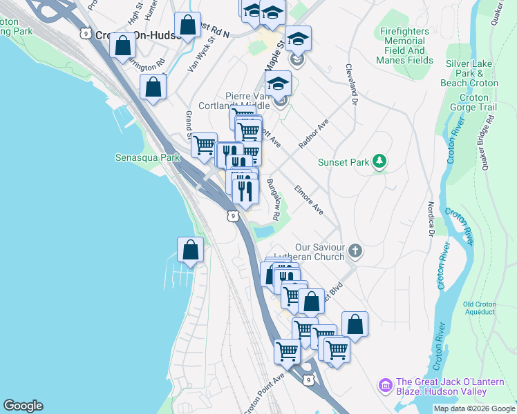 map of restaurants, bars, coffee shops, grocery stores, and more near 9 Hudson River Road in Croton-on-Hudson