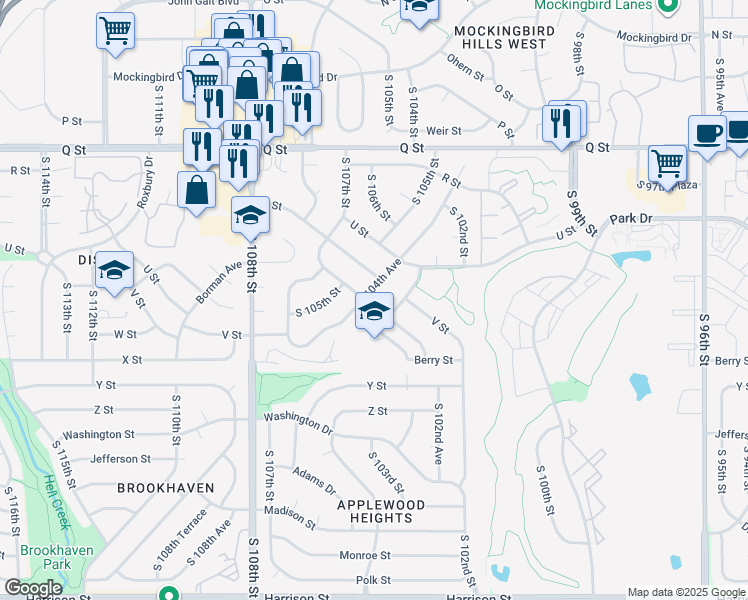 map of restaurants, bars, coffee shops, grocery stores, and more near 5723 South 104th Avenue in Omaha