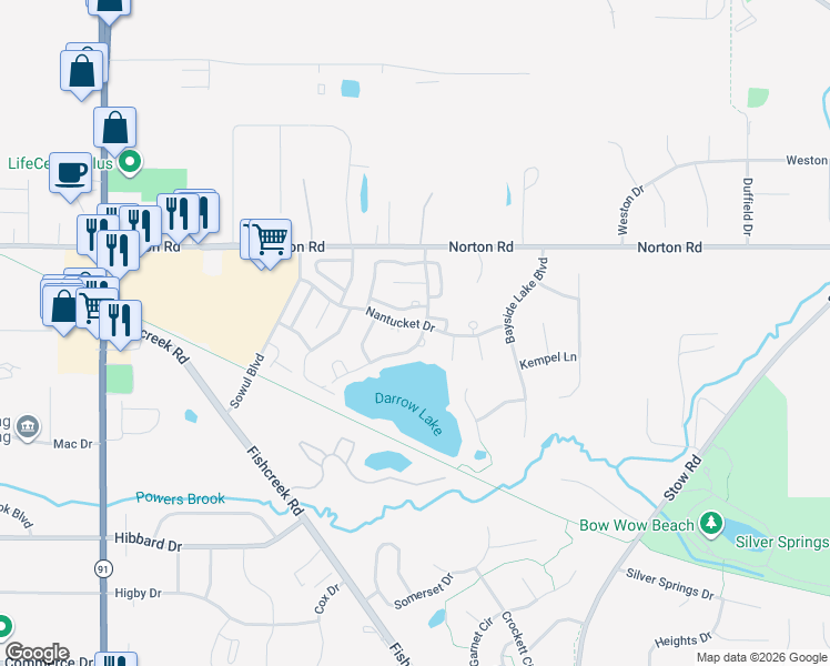 map of restaurants, bars, coffee shops, grocery stores, and more near 1868 Nantucket Lane in Stow