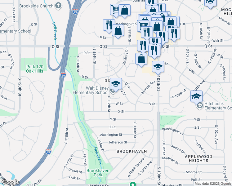 map of restaurants, bars, coffee shops, grocery stores, and more near 5707 South 112th Street in Omaha