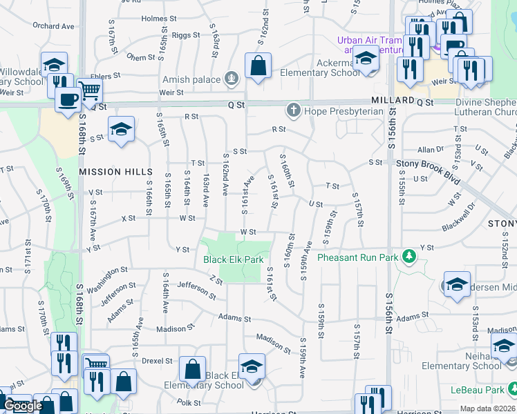 map of restaurants, bars, coffee shops, grocery stores, and more near 16136 V Circle in Omaha