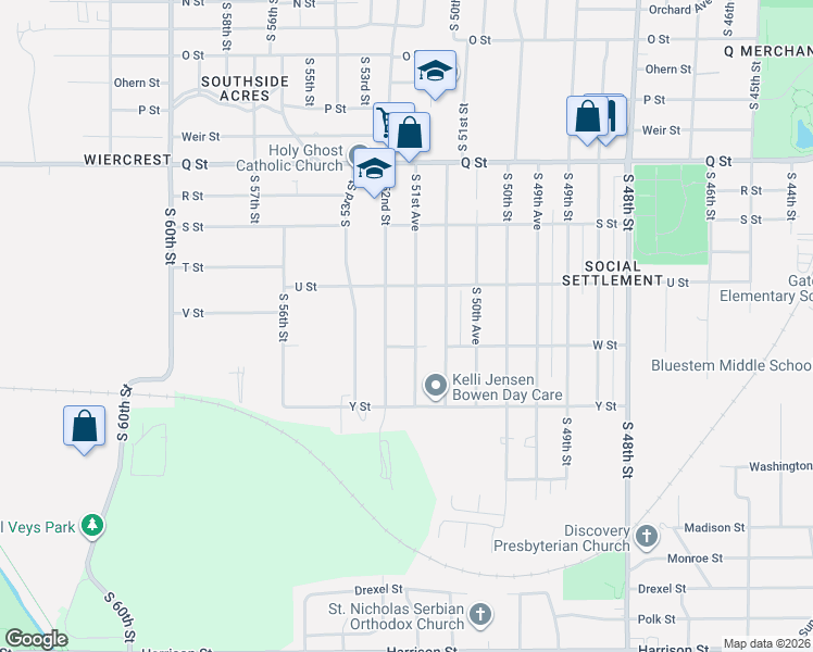 map of restaurants, bars, coffee shops, grocery stores, and more near 5644 South 51st Avenue in Omaha