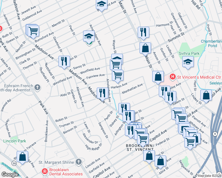 map of restaurants, bars, coffee shops, grocery stores, and more near 265 Harlem Avenue in Bridgeport