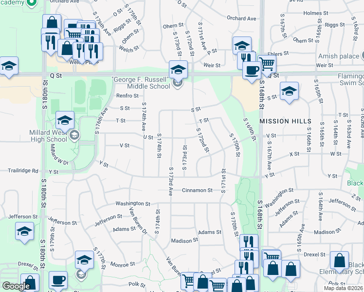 map of restaurants, bars, coffee shops, grocery stores, and more near 5606 South 173rd Street in Omaha