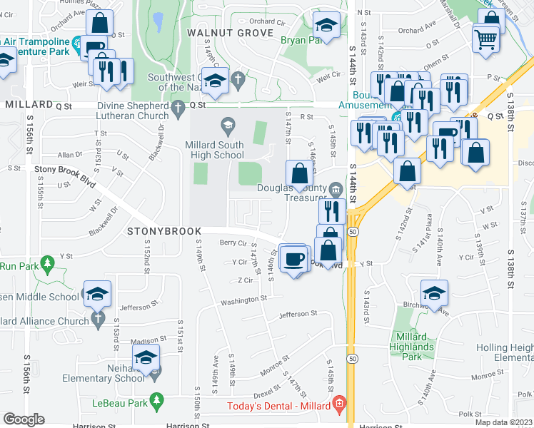 map of restaurants, bars, coffee shops, grocery stores, and more near 14735 V Plaza in Omaha